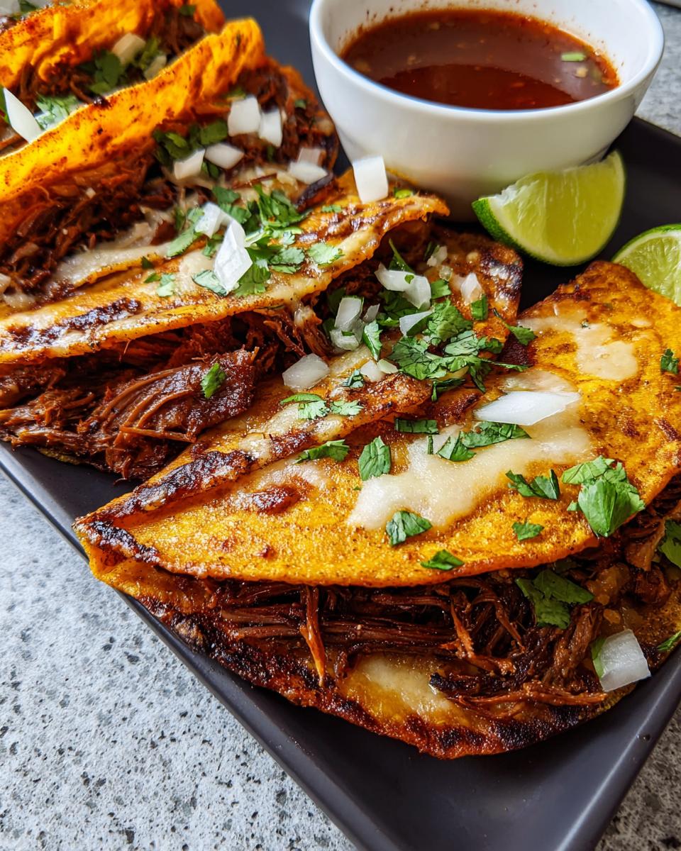 Close-up of crispy birria tacos filled with shredded beef, cheese, onions, and cilantro, served with consomé and lime wedges.