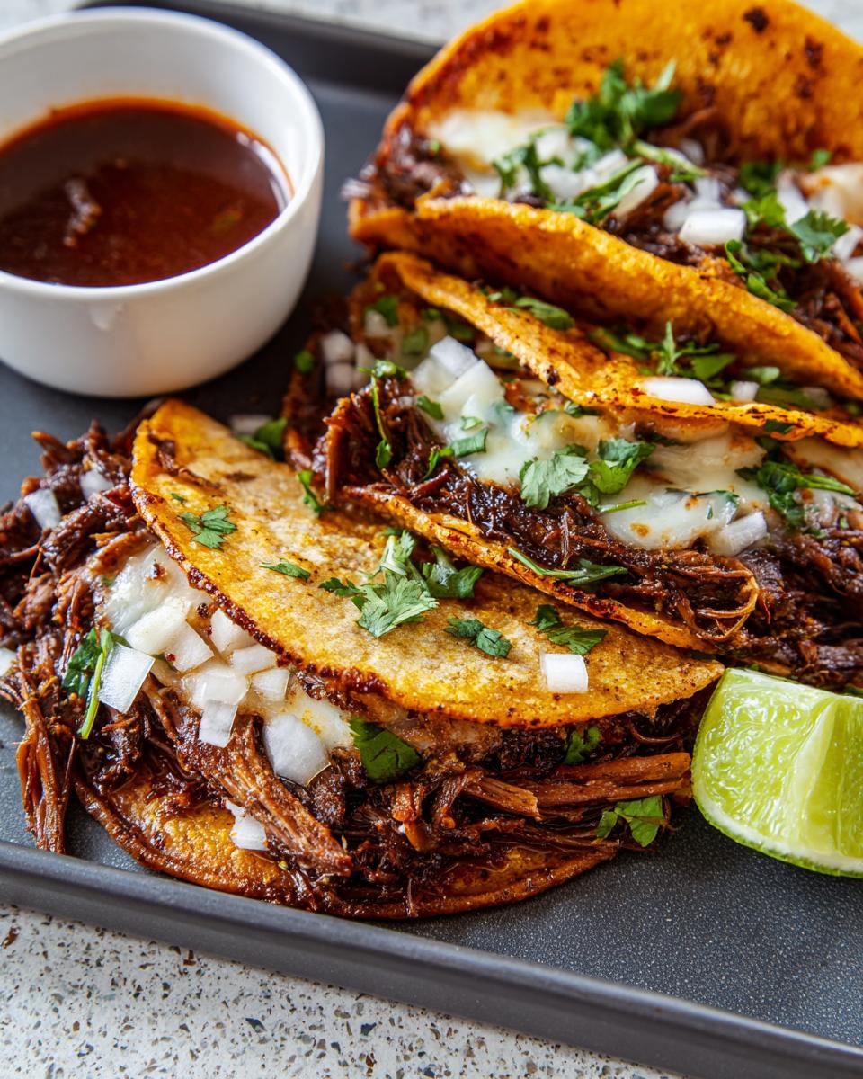 Close-up of three birria tacos, filled with shredded beef, melted cheese, and topped with diced onions and cilantro, served with a side of consomé and lime.