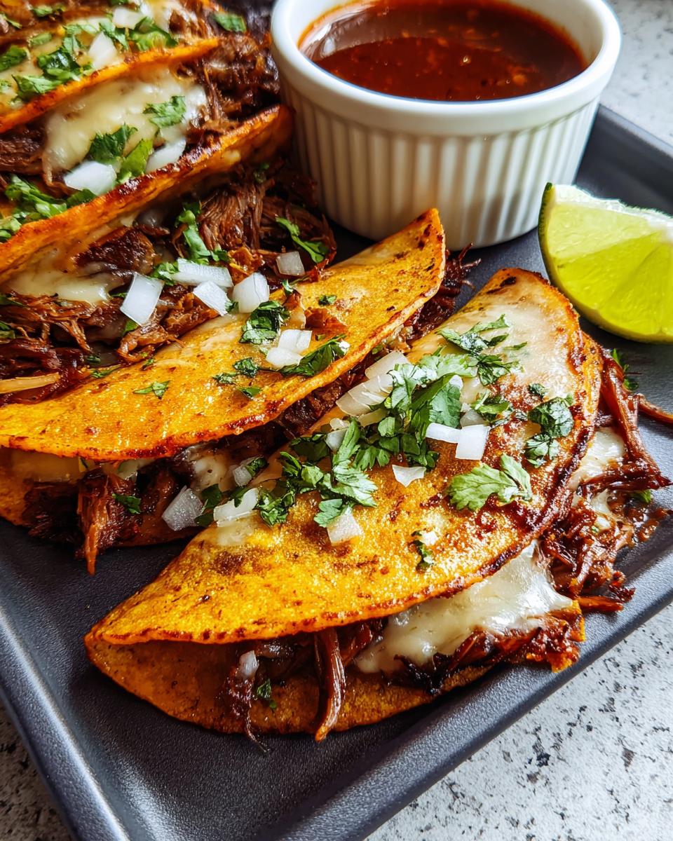 Close-up of three cheesy birria tacos, topped with onions and cilantro, served with a side of consomé and lime.