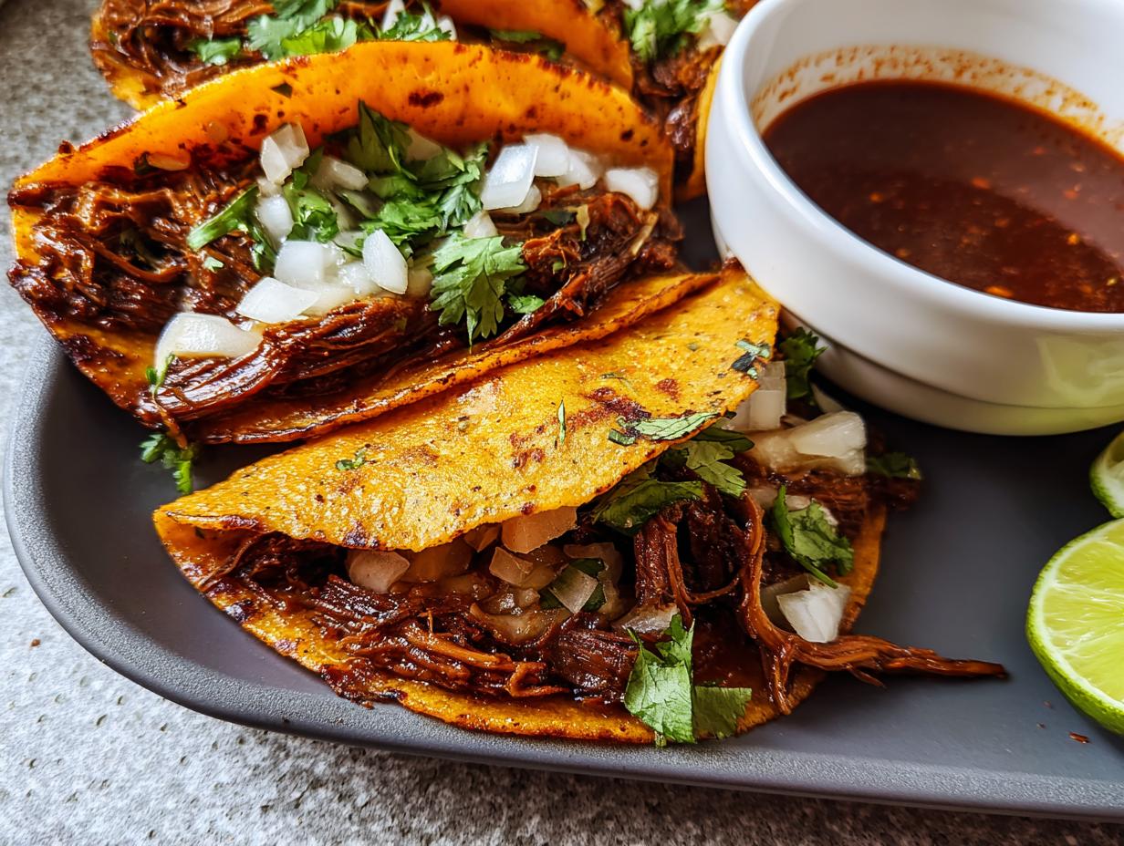Close-up of authentic birria tacos, filled with shredded beef, topped with onions and cilantro, served with consommé for dipping. Perfect for Taco Tuesday.