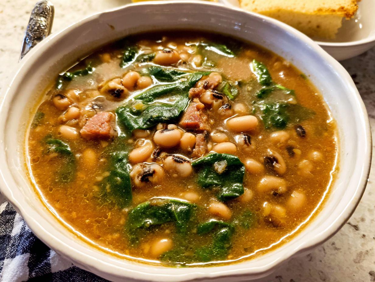A close-up of a bowl of hearty black eyed pea soup with spinach and ham, part of The Ultimate Soup Recipes Guide for Beginners.