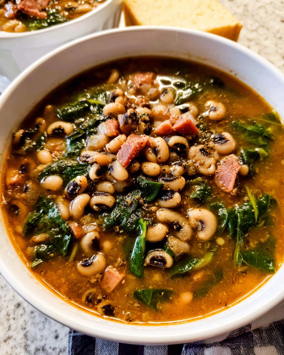 A bowl of hearty black eyed peas soup with ham and greens, part of The Ultimate Soup Recipes Guide for Beginners.