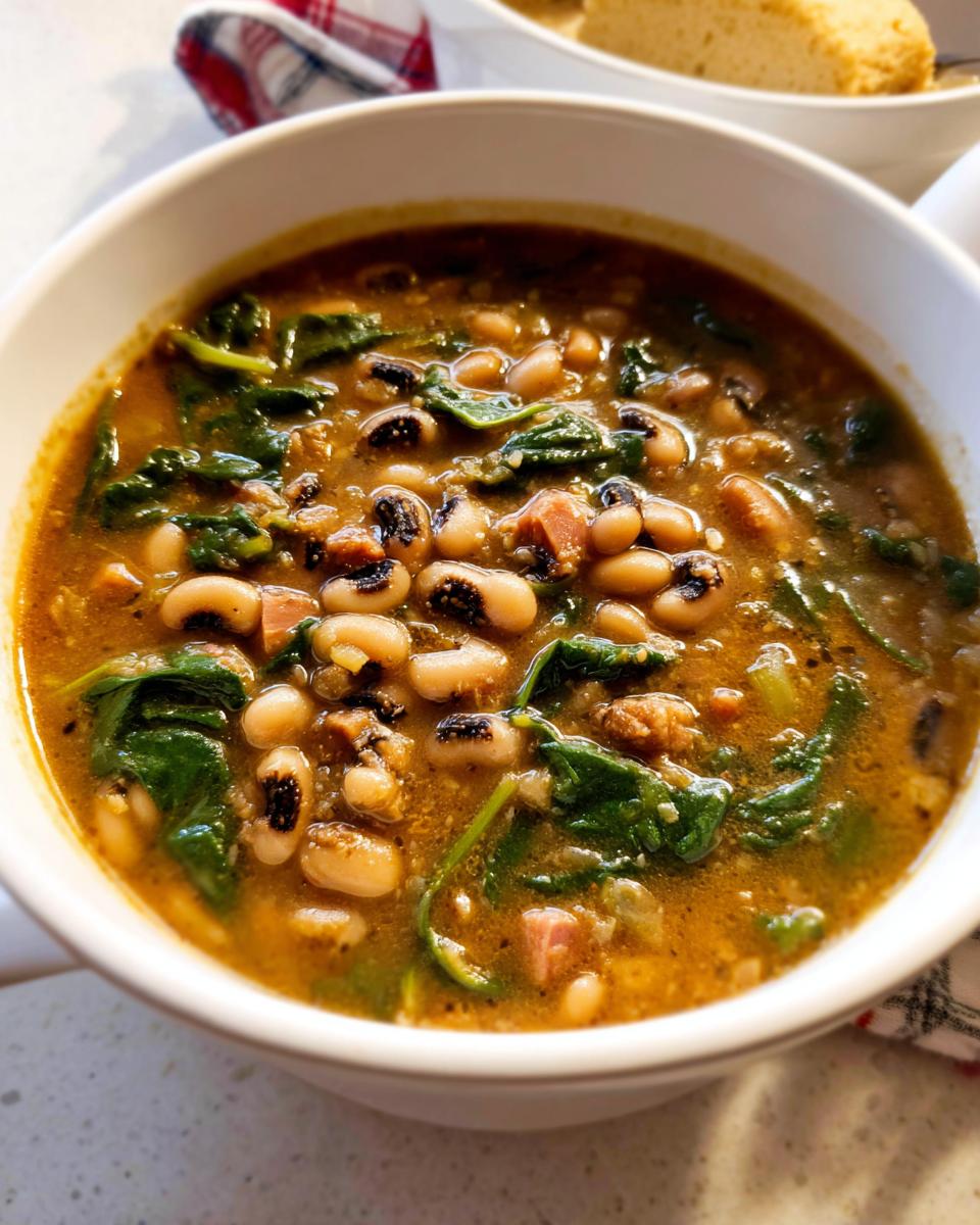 Close-up of a steaming bowl of black eyed peas soup with spinach and ham, part of The Ultimate Soup Recipes Guide for Beginners.