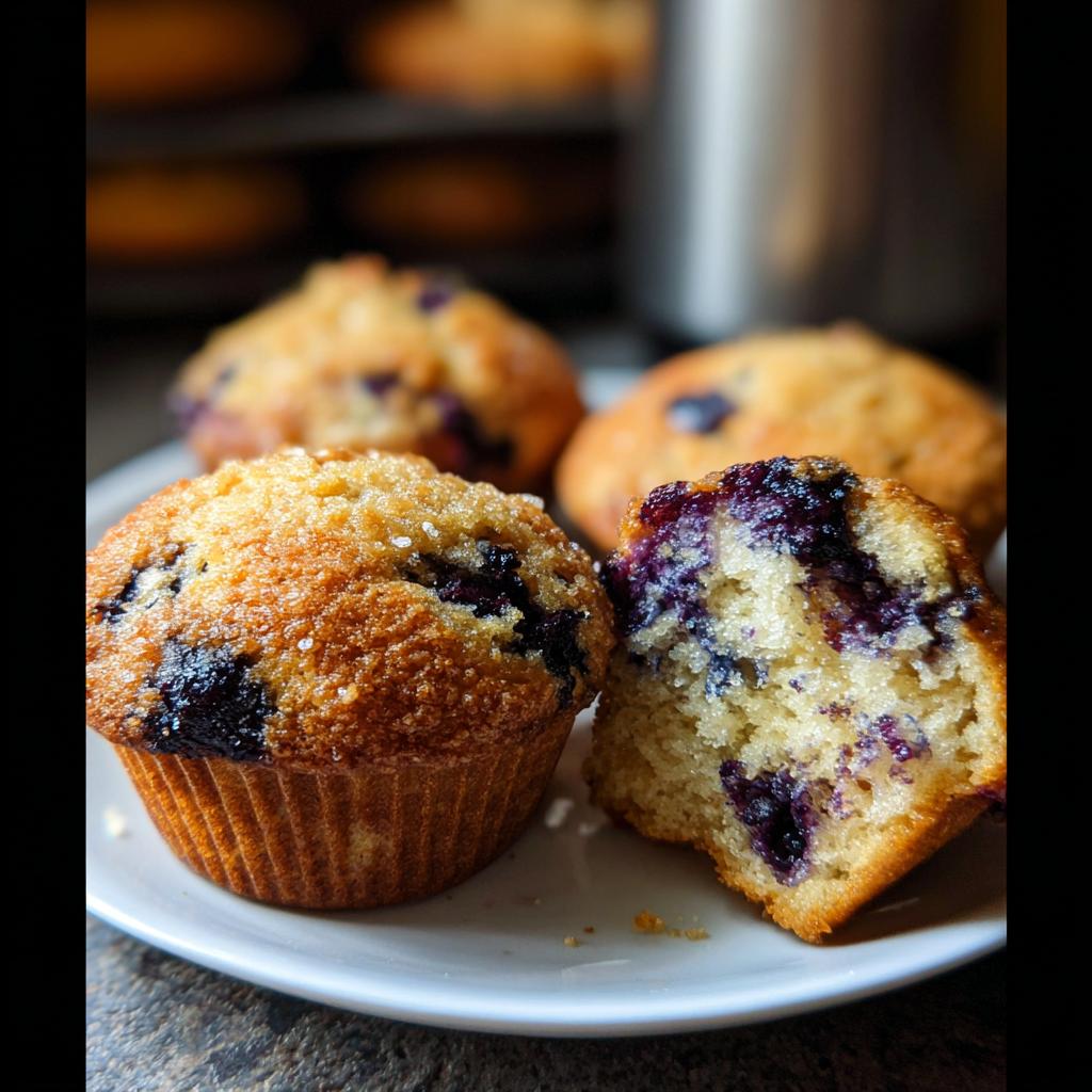 Close-up of a blueberry muffin, one cut in half revealing juicy blueberries and fluffy cake, part of cake ideas recipes meal prep.