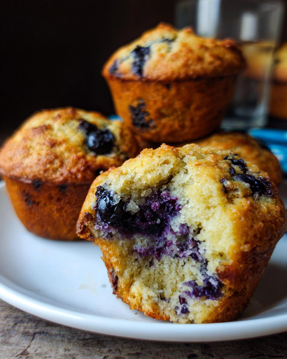 A close-up of a blueberry muffin, with one muffin broken in half to reveal the juicy blueberries inside. Part of Cake Ideas Recipes Meal Prep.