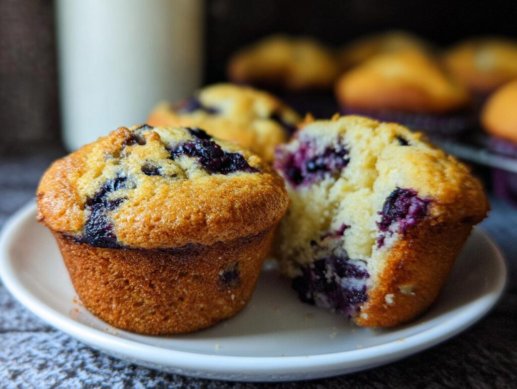 Close-up of a blueberry muffin, one is whole and the other is broken in half, showcasing the blueberries inside. Part of cake ideas recipes meal prep.