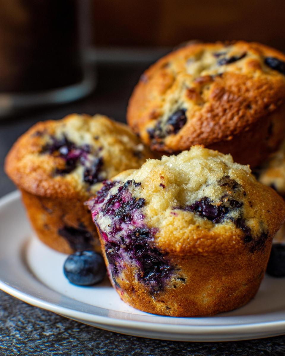 Close-up of three freshly baked blueberry muffins, perfect for cake ideas recipes meal prep.