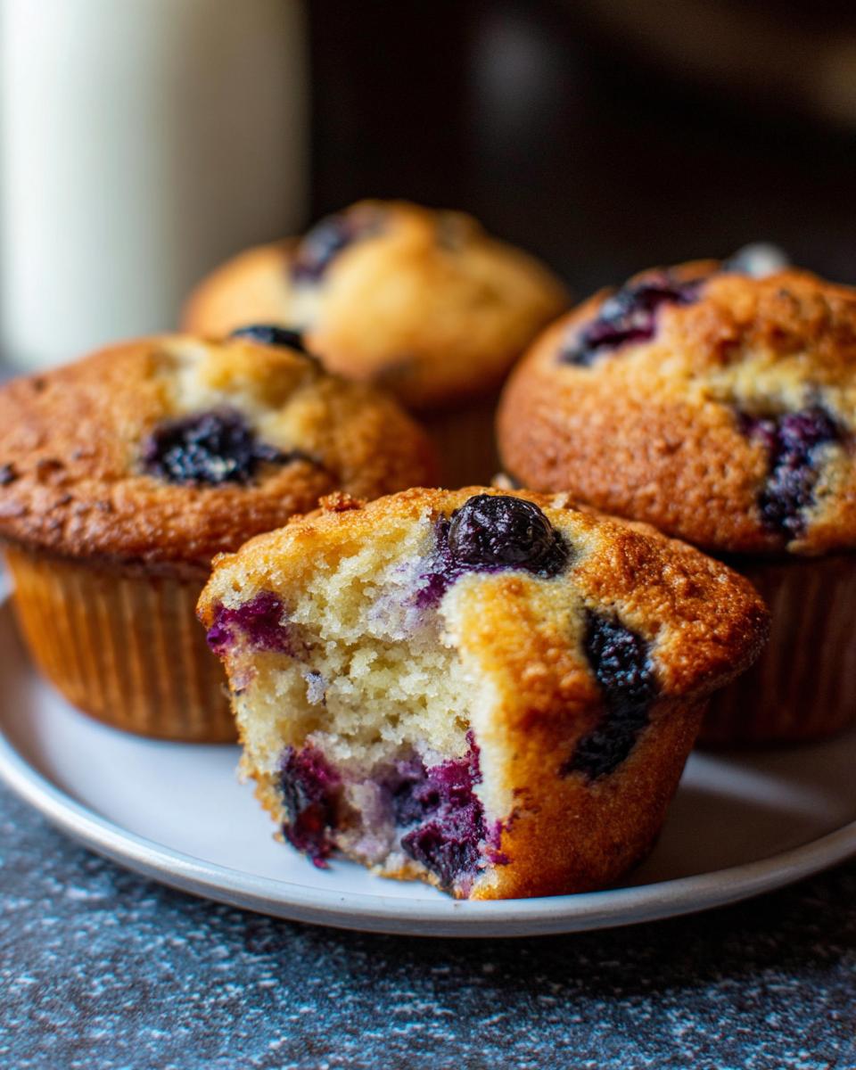 Close-up of a blueberry muffin with a bite taken out, showing the fluffy interior and juicy blueberries. Part of a collection of cake ideas recipes meal prep.