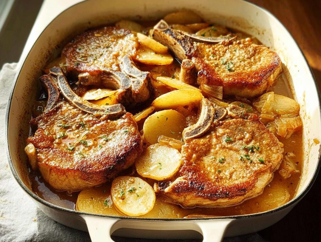 Close-up of braised pork chops with sliced potatoes and onions in a white pan, a perfect weeknight meal.