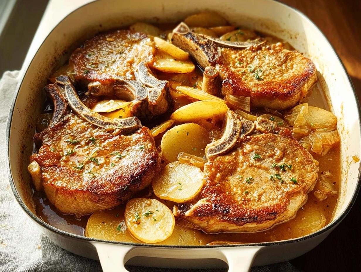 Close-up of braised pork chops with sliced potatoes and onions in a white pan, a perfect weeknight meal.