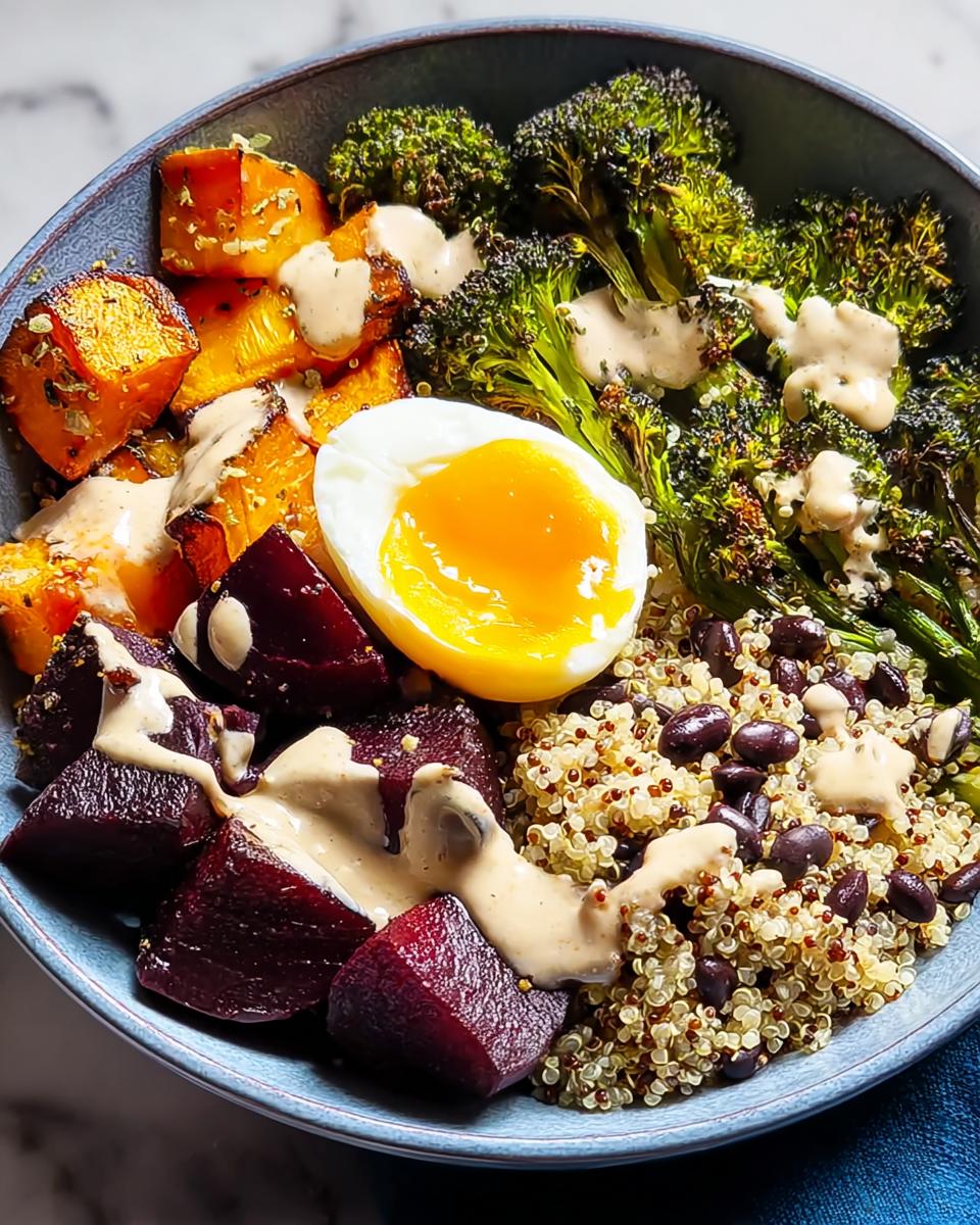 A vibrant breakfast bowl featuring quinoa, black beans, roasted broccoli, beets, sweet potatoes, and a perfectly cooked soft-boiled egg, drizzled with sauce.