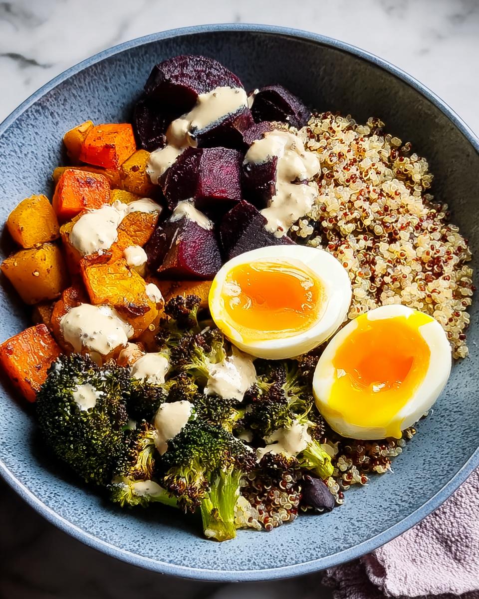 A vibrant breakfast bowl filled with quinoa, roasted butternut squash, beets, broccoli, and a soft-boiled egg, drizzled with a creamy dressing.