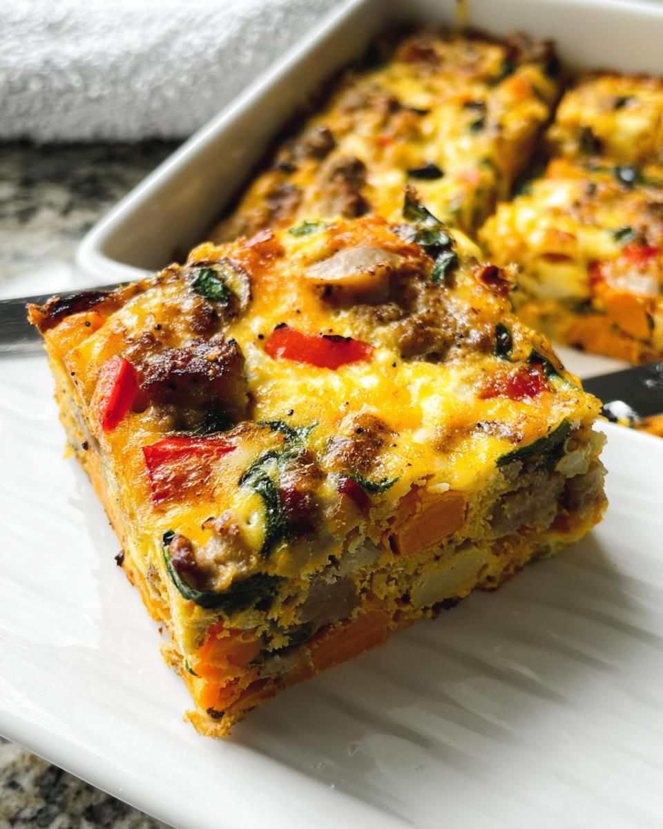 A close-up of a slice of breakfast casserole with sausage, sweet potato, spinach, and red bell pepper.