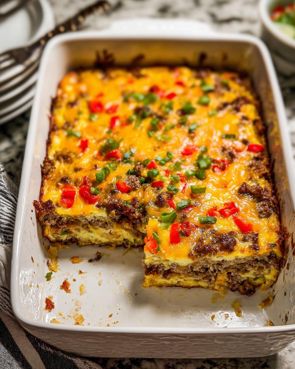 A delicious breakfast casserole with layers of eggs, sausage, cheese, and peppers, perfect for meal prep.
