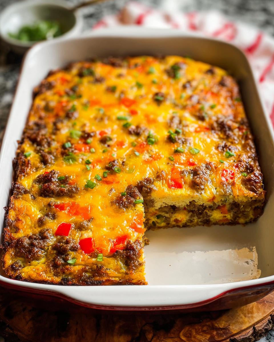 A delicious breakfast casserole with sausage, peppers, and melted cheese, perfect for meal prep.