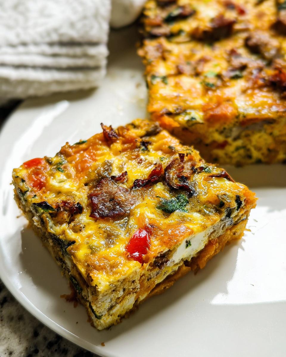 A slice of savory breakfast casserole with eggs, vegetables, and bacon, perfect for meal prep.