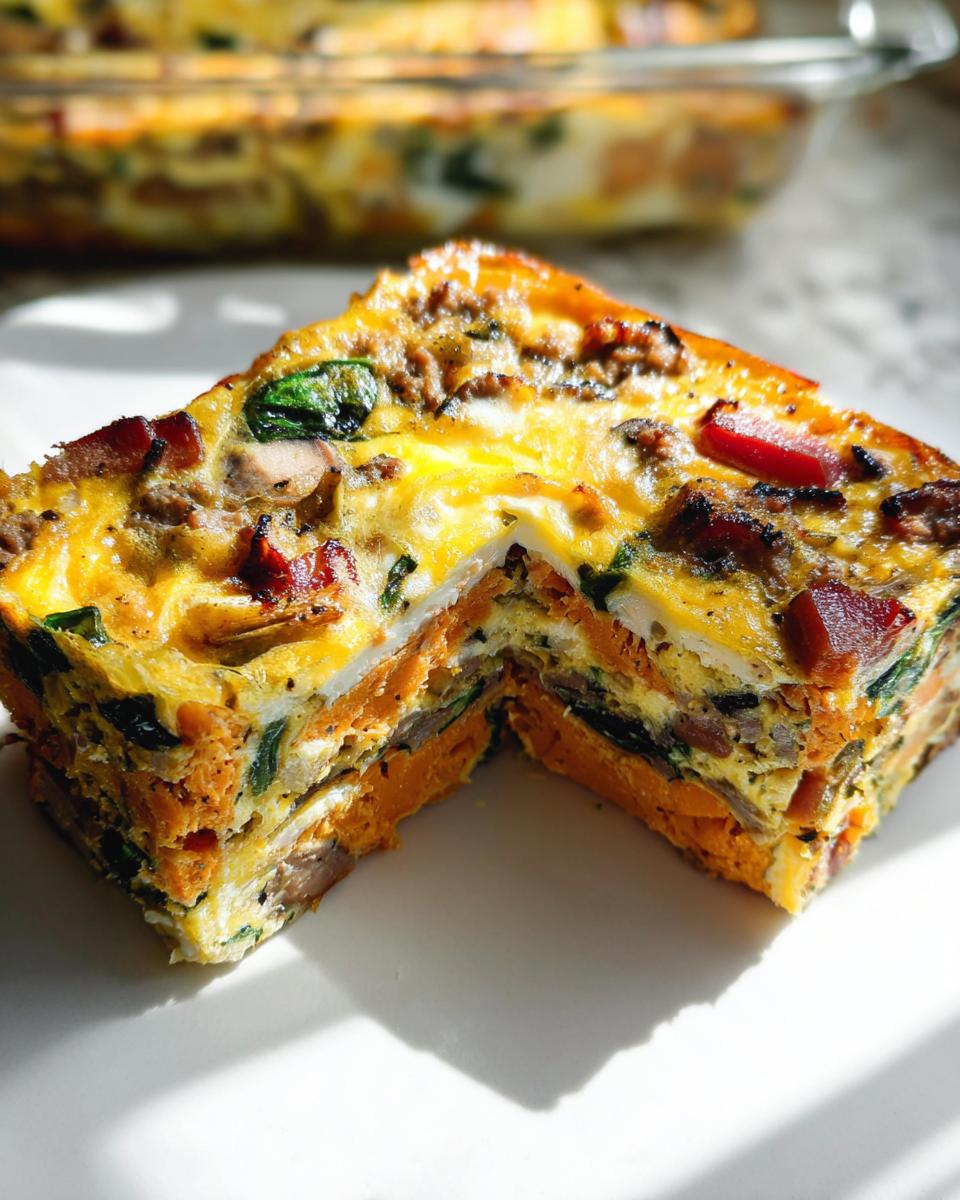 A slice of a layered breakfast casserole featuring sweet potato, eggs, spinach, mushrooms, and bacon, perfect for meal prep.