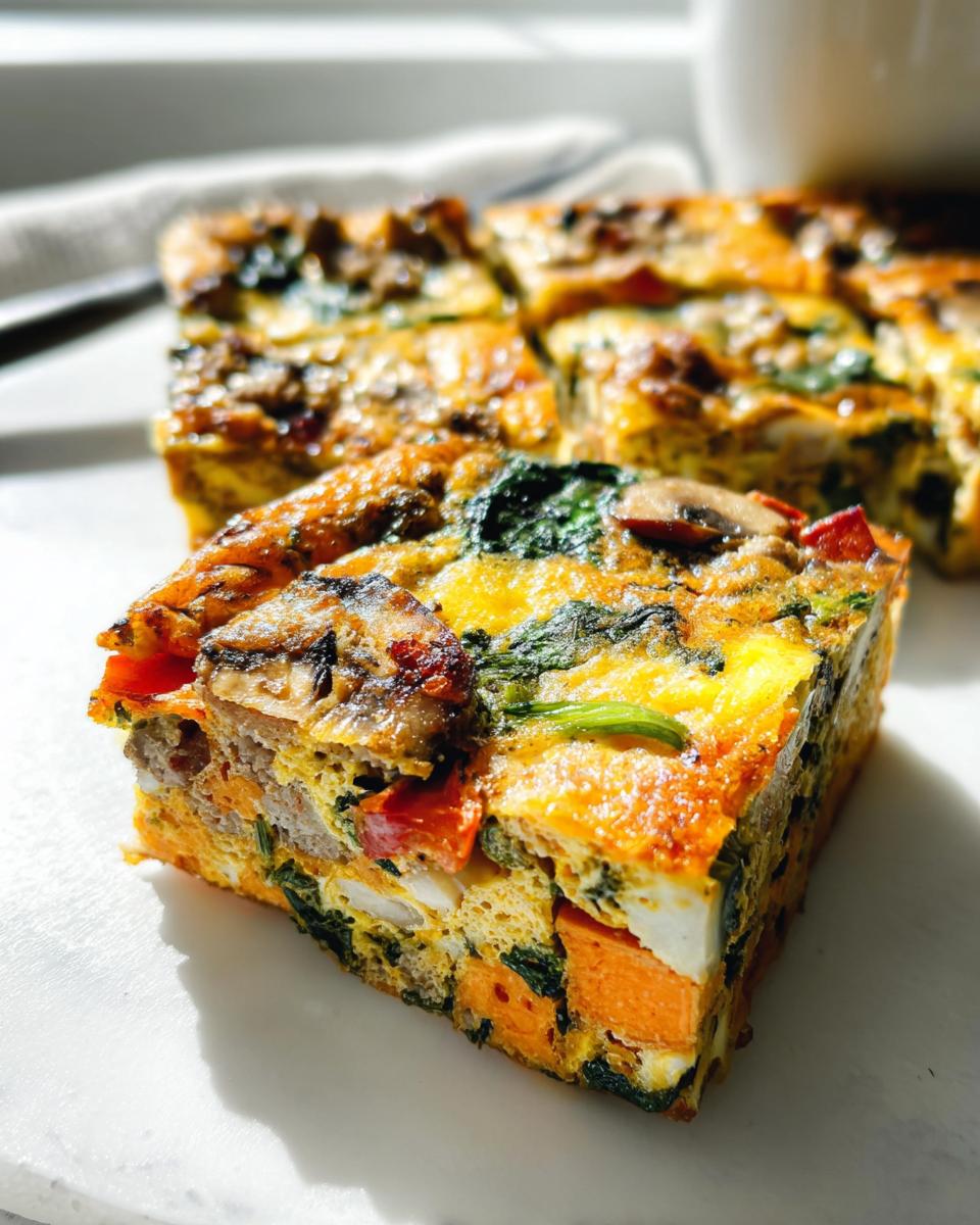 A slice of a hearty breakfast casserole with eggs, sweet potato, spinach, mushrooms, and sausage, perfect for meal prep recipes.
