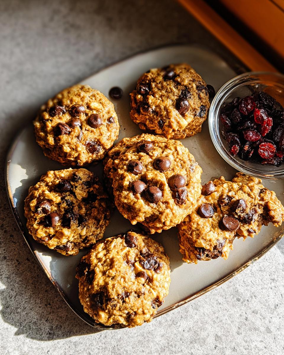 Several chocolate chip oatmeal cookies on a plate, with a small bowl of dried cranberries.