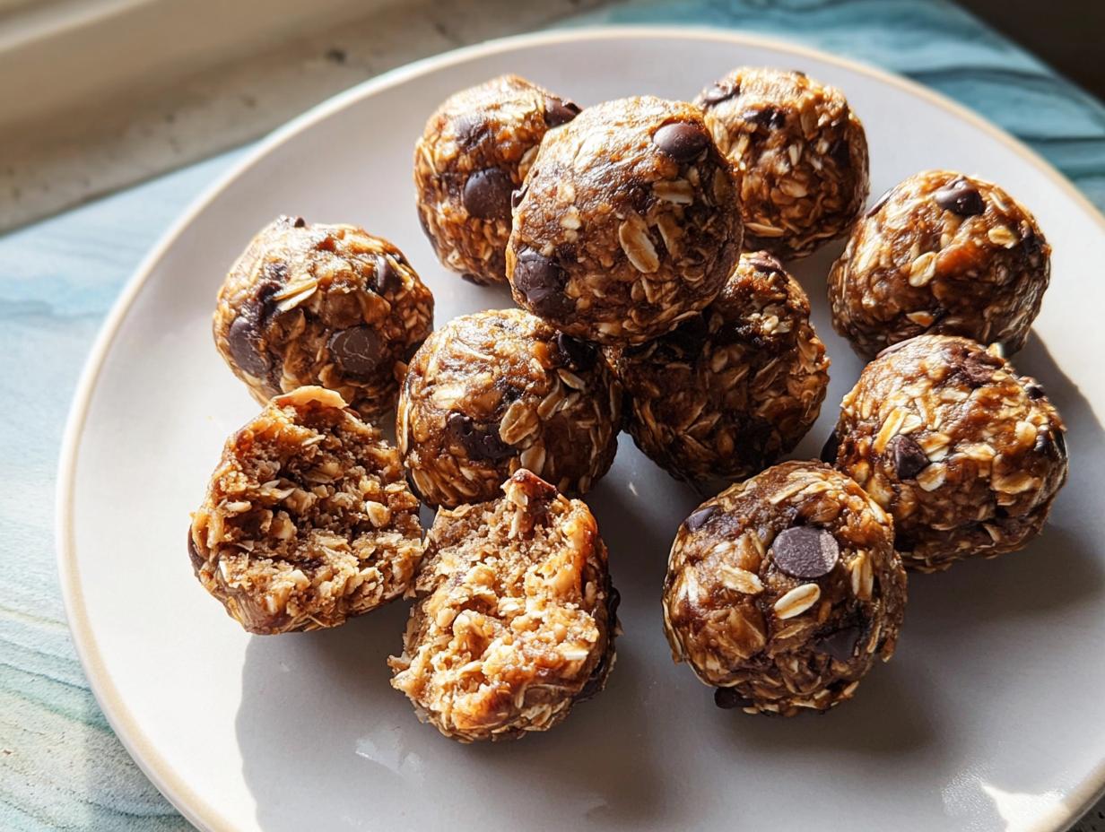 A plate of homemade chocolate chip energy bites, a perfect quick breakfast idea.