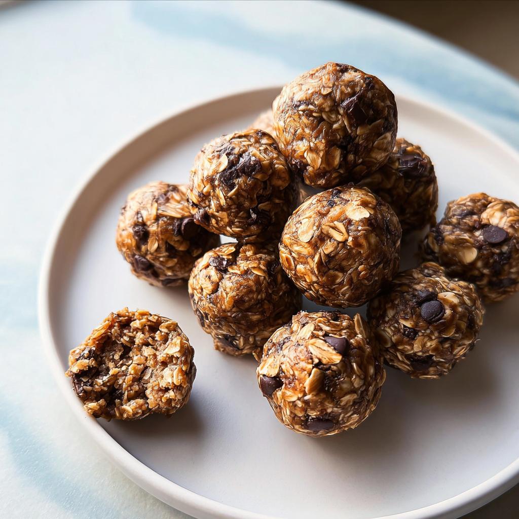 A pile of chocolate chip energy balls, a perfect addition to breakfast ideas recipes, with one ball broken in half to show the texture.
