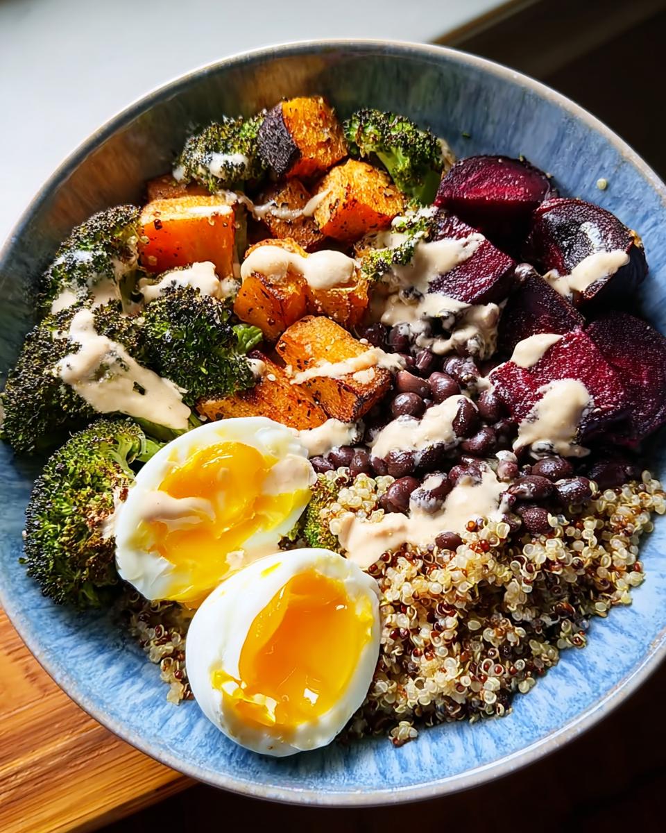 A vibrant bowl filled with quinoa, black beans, roasted broccoli, butternut squash, beets, and soft-boiled eggs, drizzled with tahini dressing. A perfect breakfast ideas recipe.