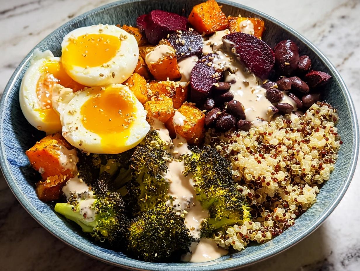 A vibrant breakfast bowl with quinoa, roasted vegetables, soft-boiled eggs, and black beans, drizzled with tahini dressing.
