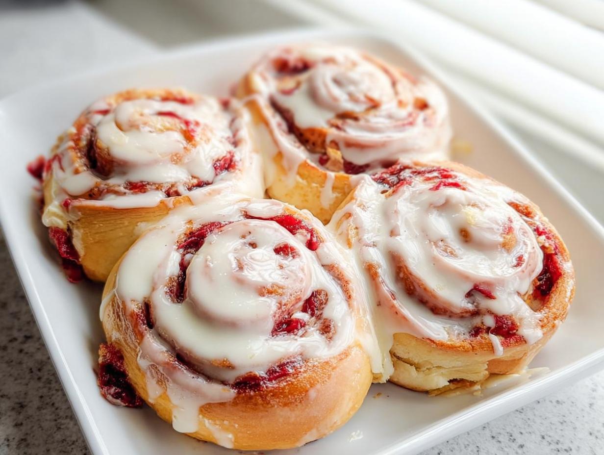 Four sweet cinnamon rolls with a bright red filling and drizzled with white icing, part of our Breakfast Ideas Recipes.