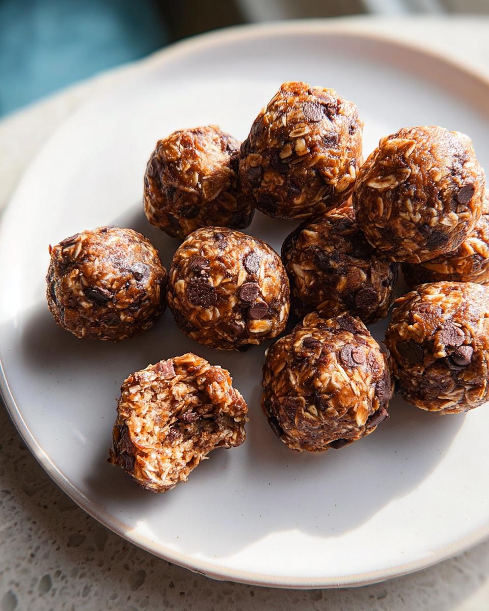 A pile of chocolate chip energy balls, a perfect addition to breakfast ideas recipes, with one ball bitten into.