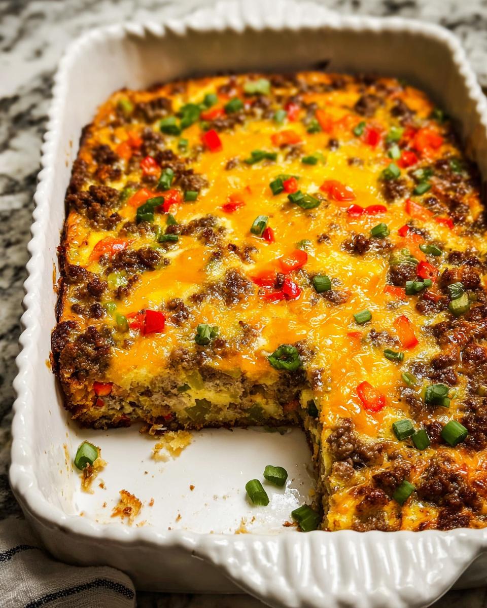 A hearty breakfast casserole with sausage, peppers, and cheese, perfect for meal prep breakfast ideas recipes.