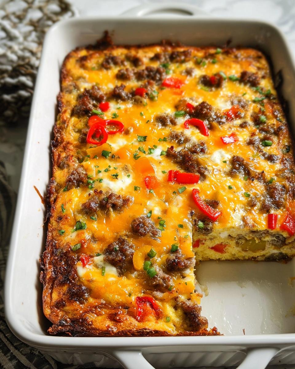A delicious breakfast casserole with sausage, peppers, and melted cheese, perfect for meal prep.