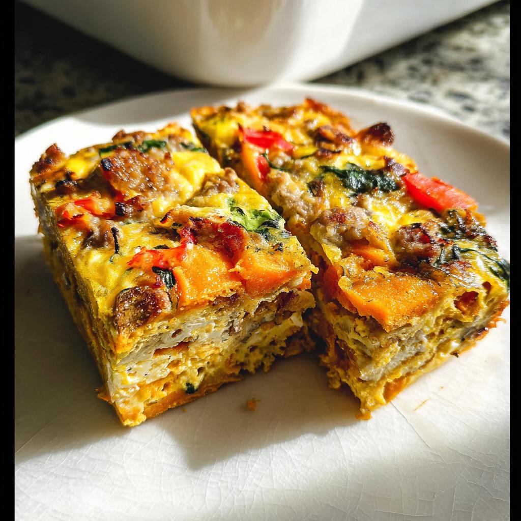 Close-up of two squares of a savory breakfast casserole, featuring eggs, sweet potato, sausage, and spinach.