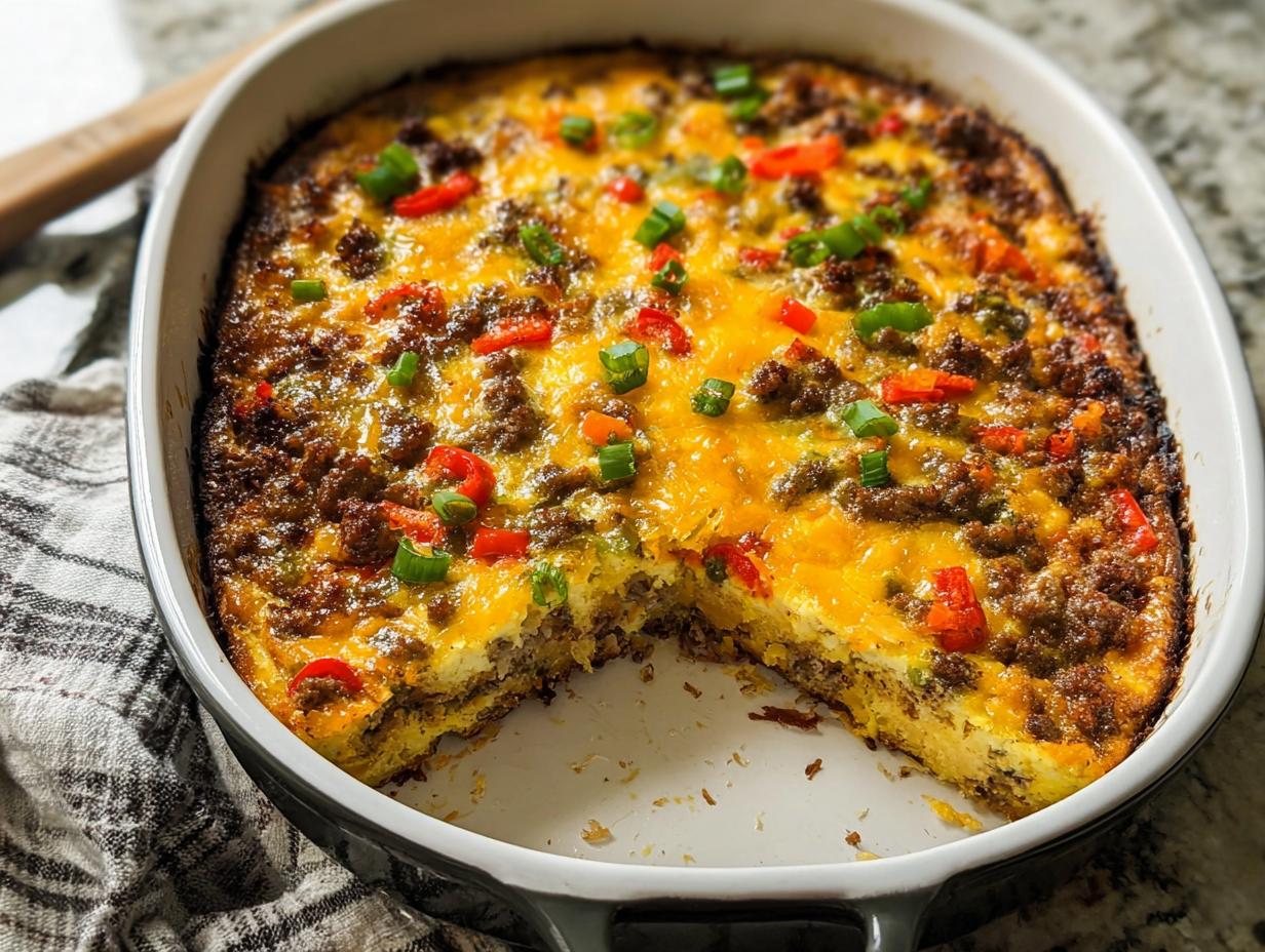 A delicious breakfast casserole with sausage, cheese, peppers, and green onions, perfect for meal prep.