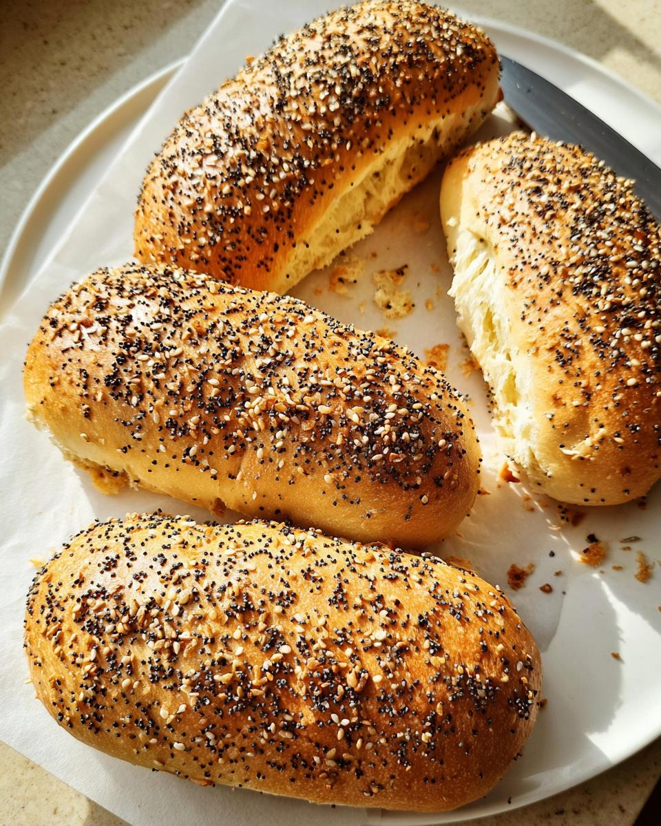 Close-up of four golden-brown breakfast rolls topped with everything bagel seasoning, perfect for busy weeknights.