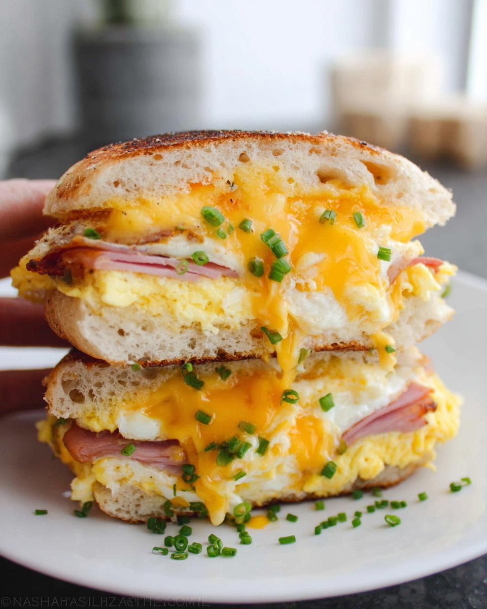 Close-up of a stacked breakfast sandwich with scrambled eggs, ham, melted cheese, and chives on a toasted bun.