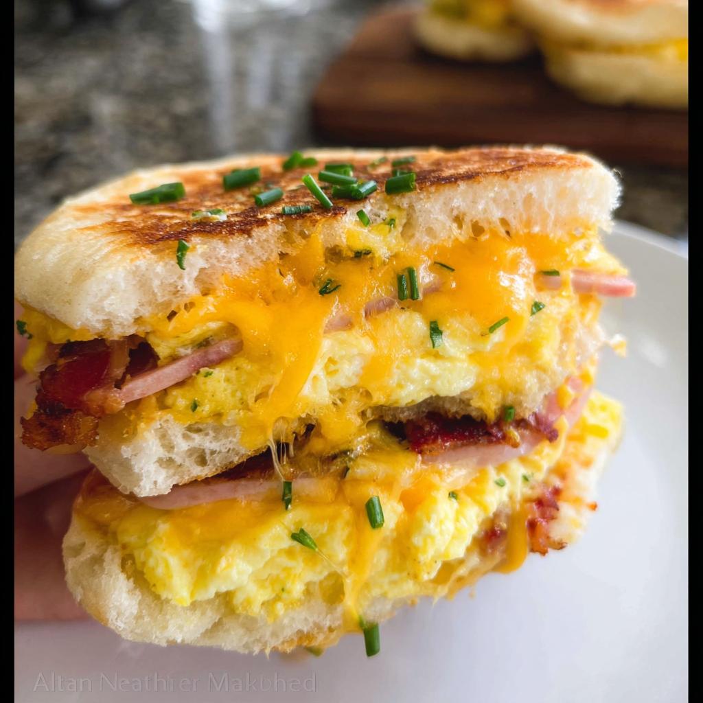 A close-up of a loaded breakfast sandwich with scrambled eggs, melted cheese, bacon, and ham on a toasted bun, sprinkled with chives.