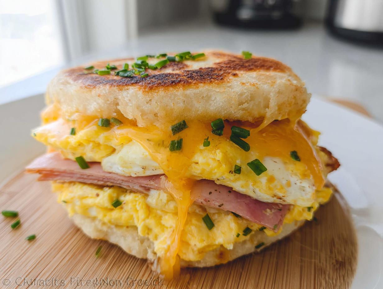 A close-up of a breakfast sandwich with scrambled eggs, ham, melted cheese, and chives on an English muffin.