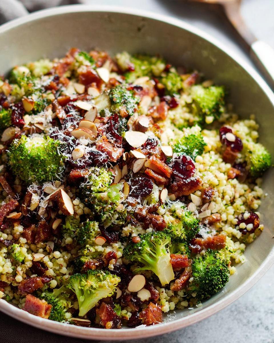 Close-up of a vibrant broccoli salad with bacon, dried cranberries, and slivered almonds, part of The Ultimate Veggie Sides Recipes Guide for Beginners.