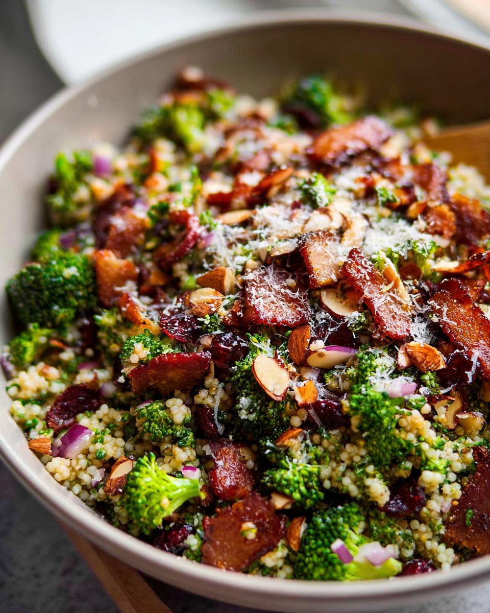 A vibrant broccoli salad with couscous, crispy bacon, dried cranberries, almonds, and red onion, part of The Ultimate Veggie Sides Recipes Guide for Beginners.
