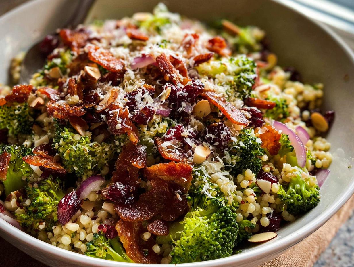 A delicious broccoli salad with bacon, cranberries, almonds, and red onion, part of The Ultimate Veggie Sides Recipes Guide for Beginners.