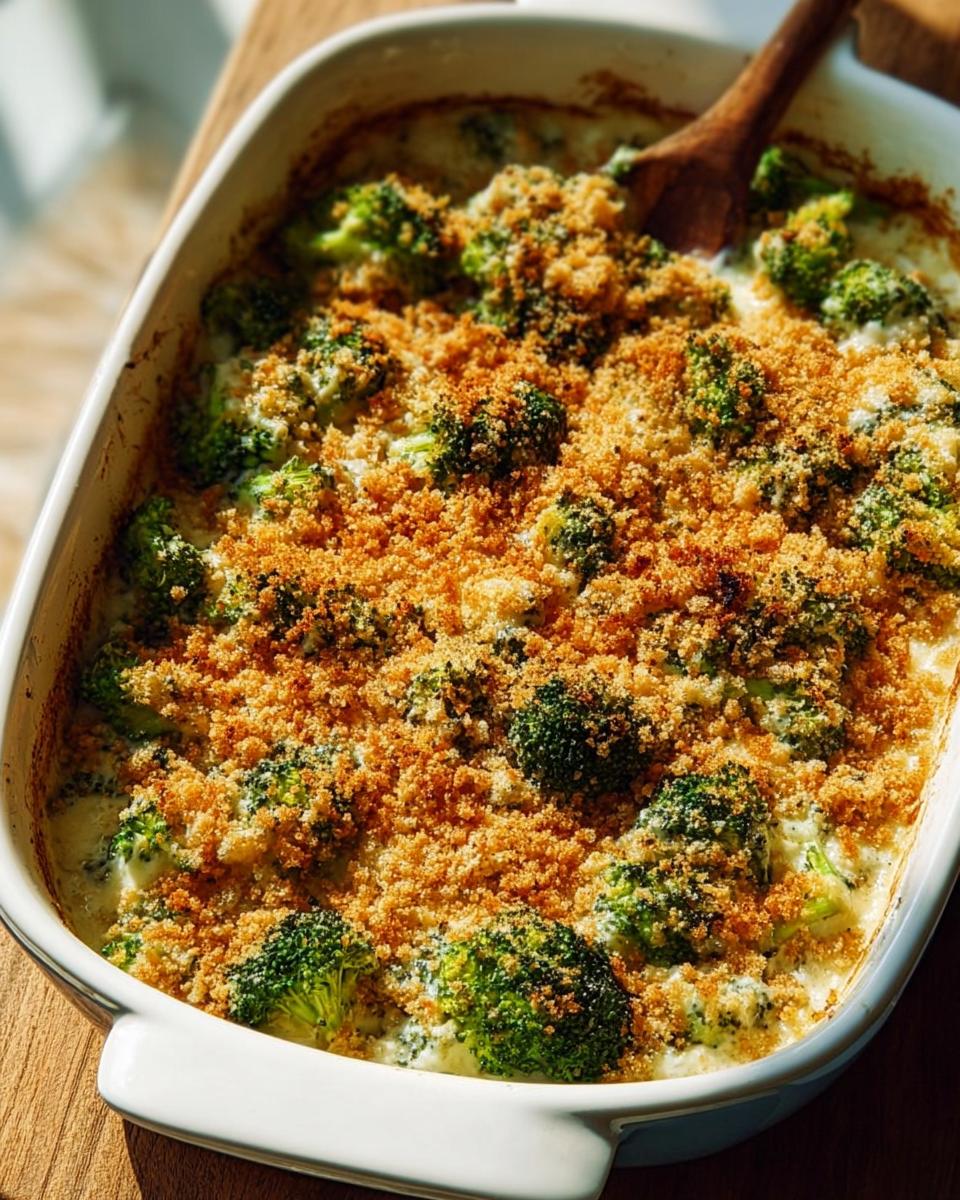 A close-up of a creamy broccoli casserole topped with golden breadcrumbs, perfect for veggie sides recipes.