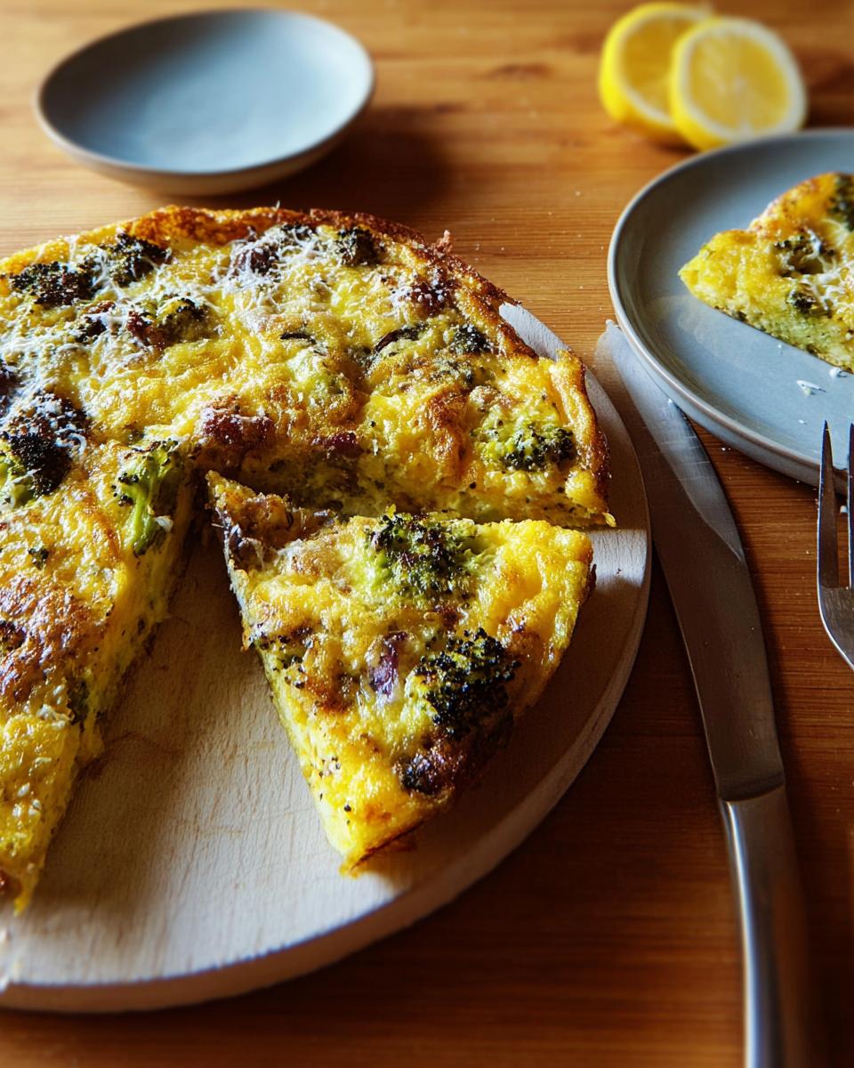 A slice of broccoli and cheddar egg bake, one of 25 genius egg recipes, on a wooden board with lemons in the background.