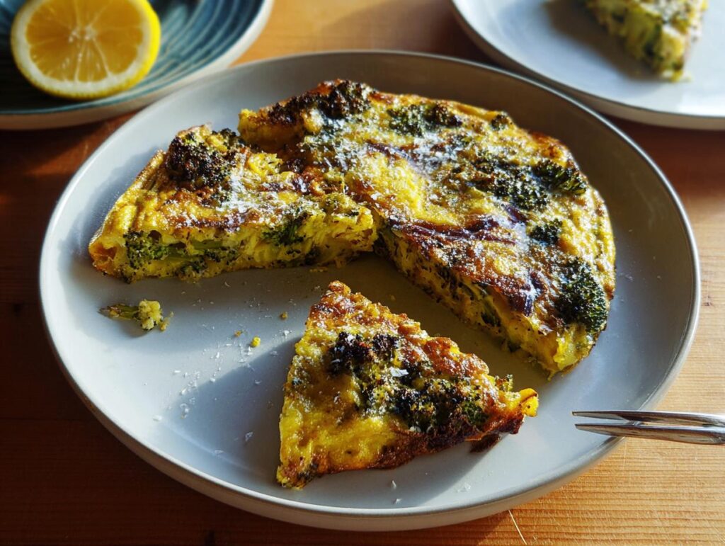 A slice of broccoli frittata, a delicious egg recipe, on a plate with a lemon wedge in the background.
