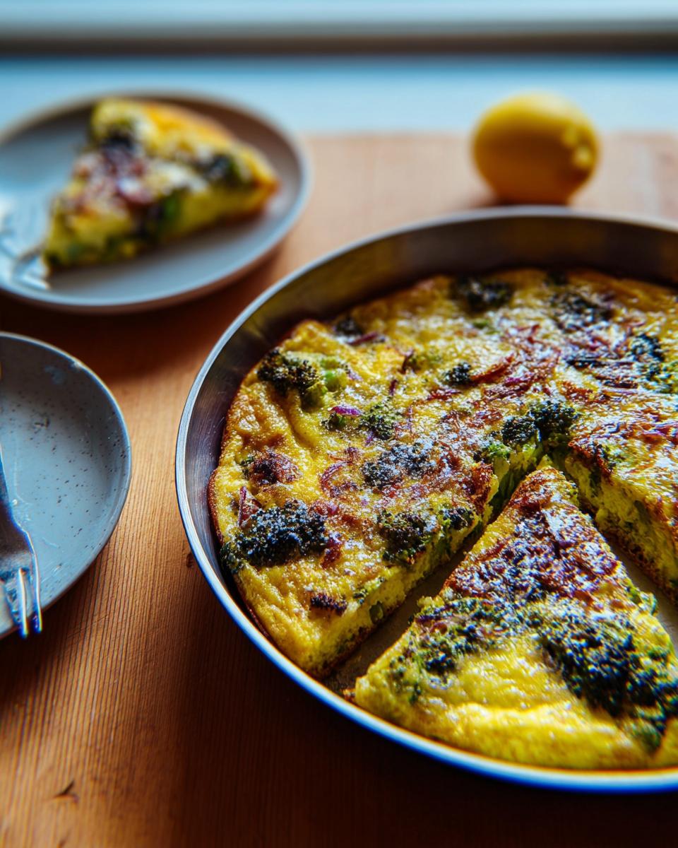 A golden-brown frittata with broccoli florets and red onion, sliced and ready to serve. Part of 25 Genius Egg Recipes.