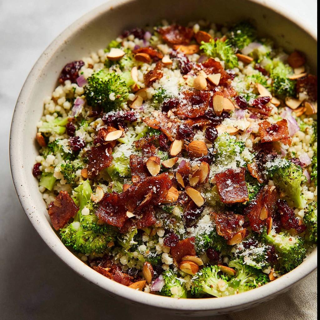 A close-up of a delicious broccoli salad with couscous, bacon, dried cranberries, and almonds, a perfect veggie side.