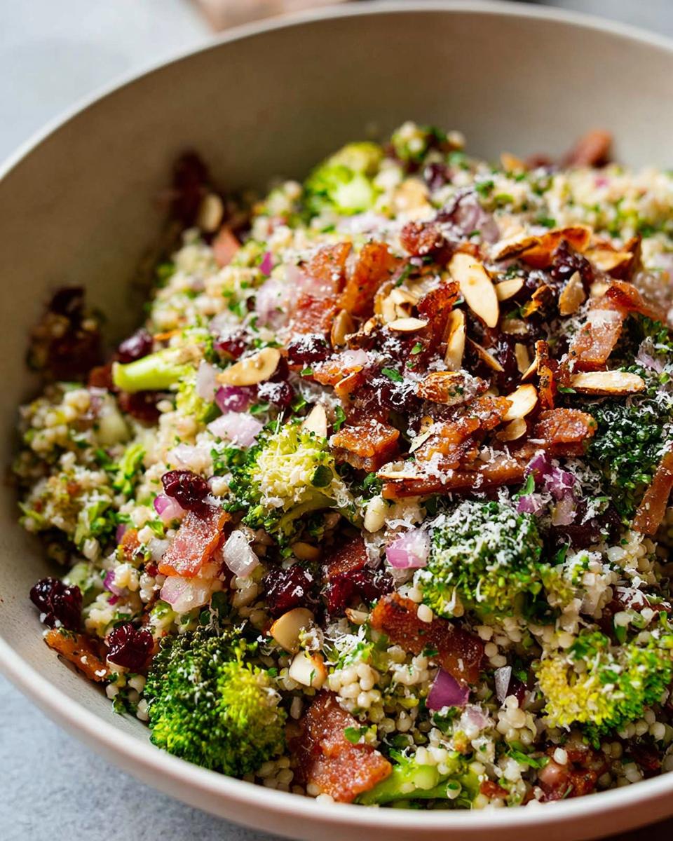 A close-up of a vibrant broccoli salad with bacon, dried cranberries, slivered almonds, and red onion, part of The Ultimate Veggie Sides Recipes Guide for Beginners.