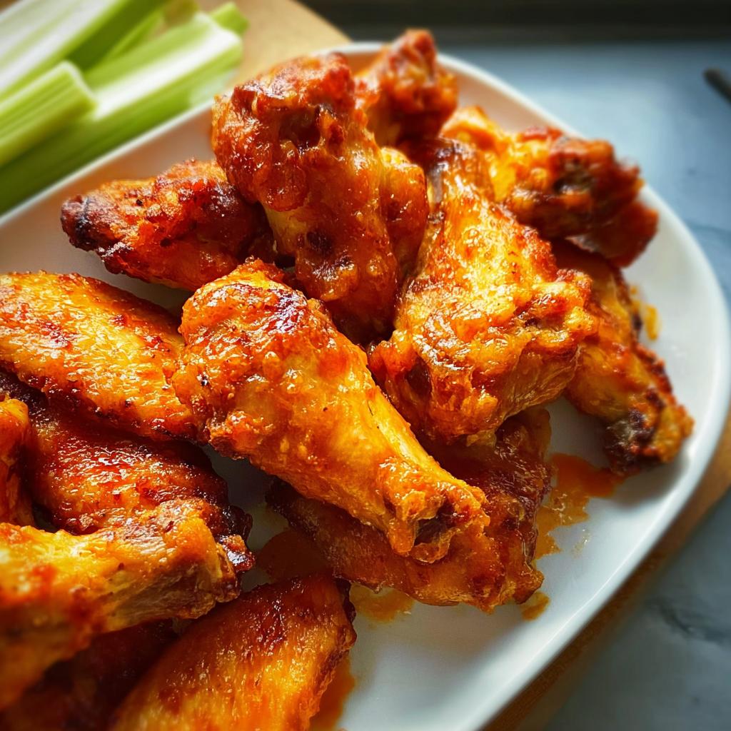 Close-up of a plate piled high with glistening buffalo chicken wings, served with celery sticks.