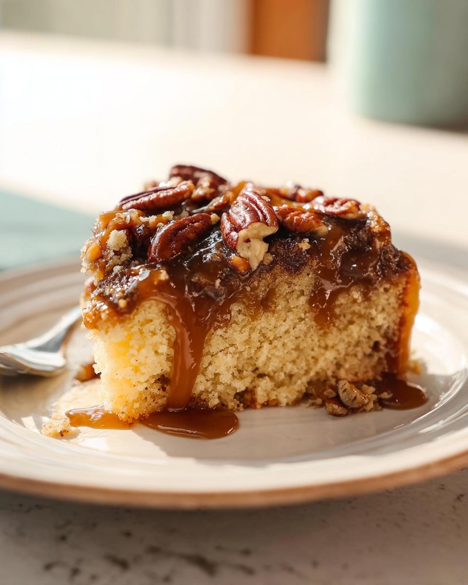 A slice of caramel pecan cake, drizzled with rich caramel sauce and topped with whole pecans. A perfect weeknight cake recipe.