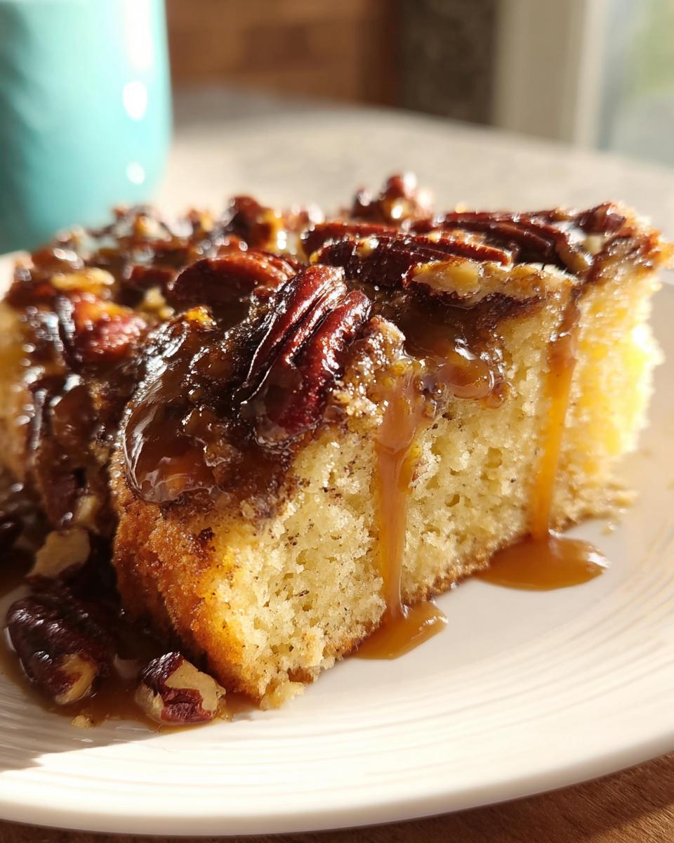 A slice of moist cake topped with caramel, pecans, and a drizzle of caramel sauce, perfect for weeknight dessert.