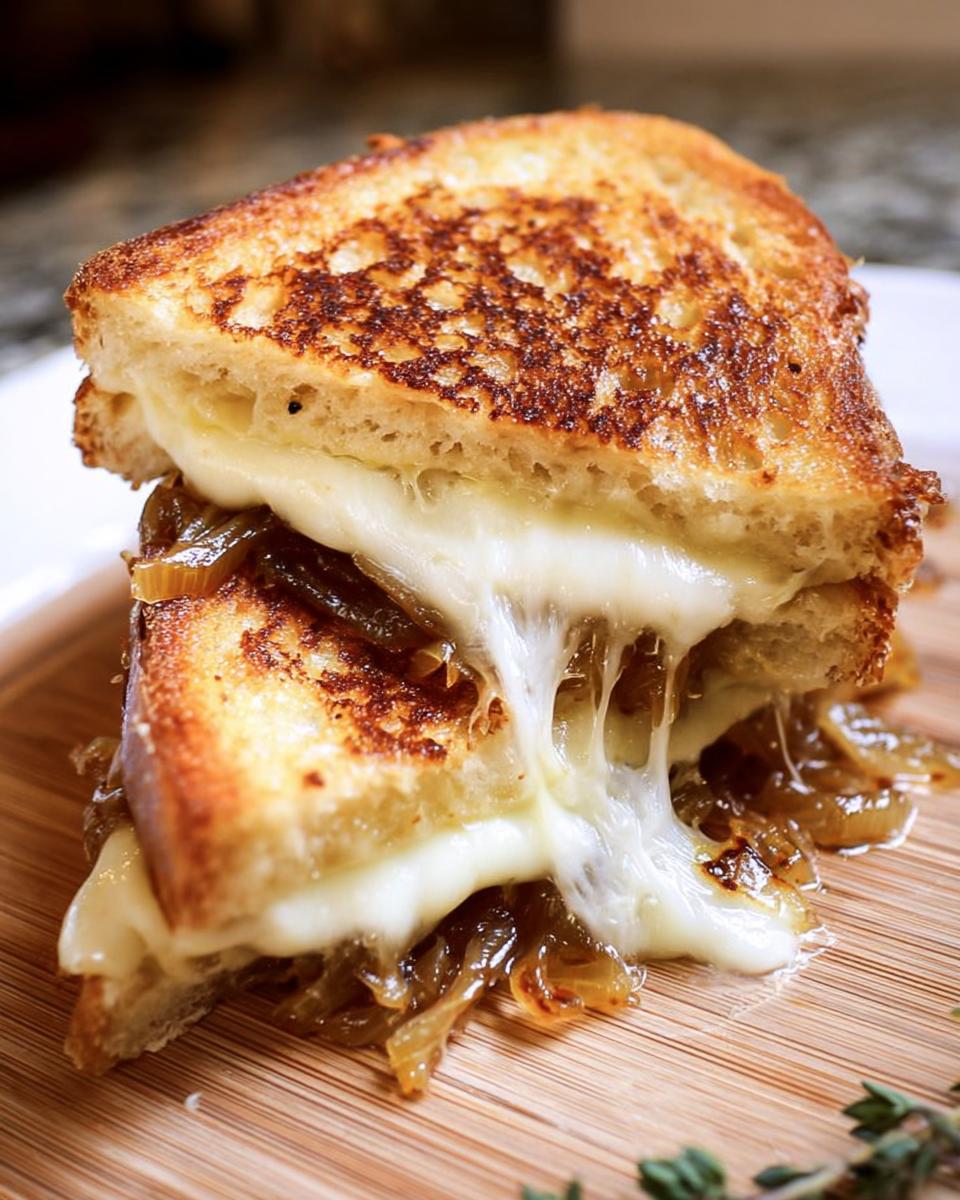 A decadent grilled cheese sandwich with gooey melted cheese and caramelized onions, perfect for grilled cheese recipes meal prep.